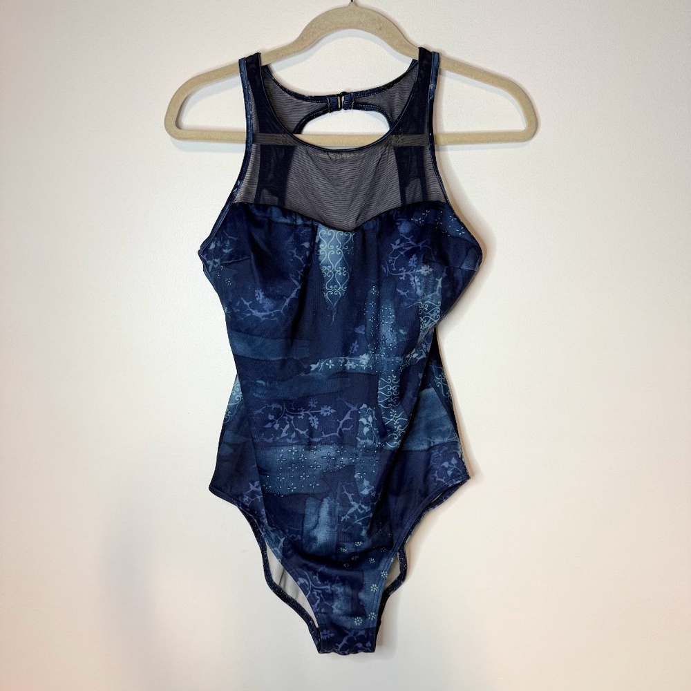 Vintage 90s Blue One Piece Swimsuit Bathing Suit Mesh Modest Chest 1990s